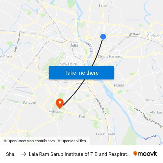 Shahdara to Lala Ram Sarup Institute of T B and Respiratory Diseases (LRS Institute of T B) map