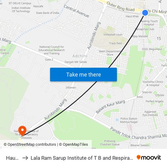 Hauz Khas to Lala Ram Sarup Institute of T B and Respiratory Diseases (LRS Institute of T B) map