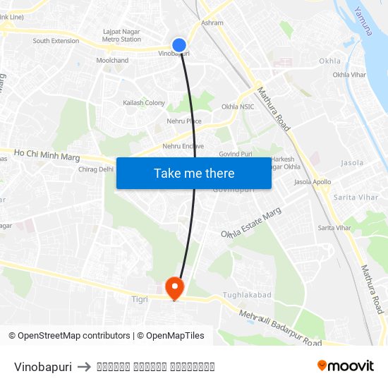 Vinobapuri to जामिया हमदर्द हॉस्पिटल map