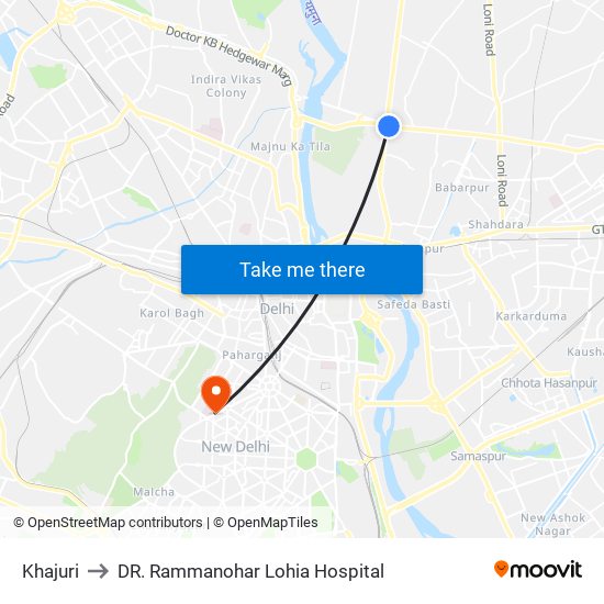 Khajuri to DR. Rammanohar Lohia Hospital map