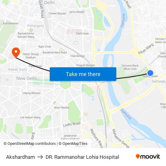 Akshardham to DR. Rammanohar Lohia Hospital map