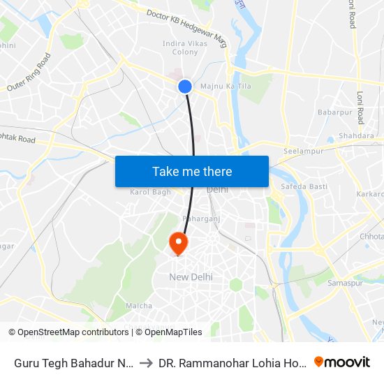 Guru Tegh Bahadur Nagar to DR. Rammanohar Lohia Hospital map