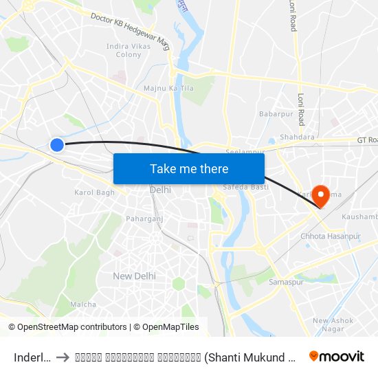 Inderlok to शांति मुक्तानंद हॉस्पिटल (Shanti Mukund Hospital) map