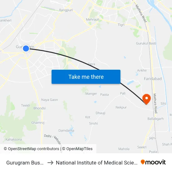 Gurugram Bus Stand to National Institute of Medical Science (Nims) map
