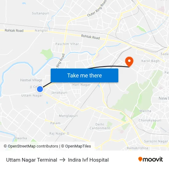 Uttam Nagar Terminal to Indira Ivf Hospital map