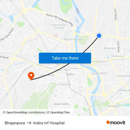 Bhajanpura to Indira Ivf Hospital map