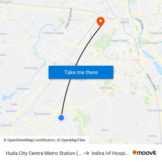 Huda City Centre Metro Station (B) to Indira Ivf Hospital map