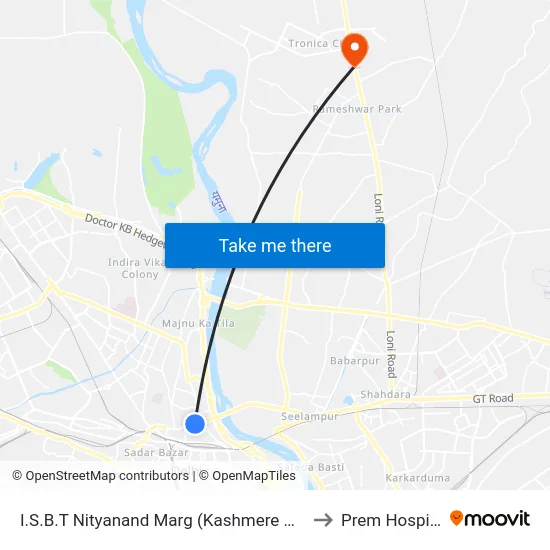 I.S.B.T Nityanand Marg (Kashmere Gate) to Prem Hospital map