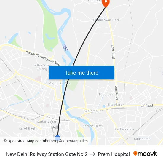 New Delhi Railway Station Gate No.2 to Prem Hospital map