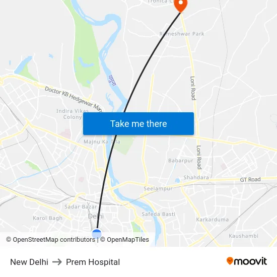 New Delhi to Prem Hospital map