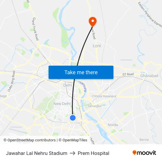 Jawahar Lal Nehru Stadium to Prem Hospital map