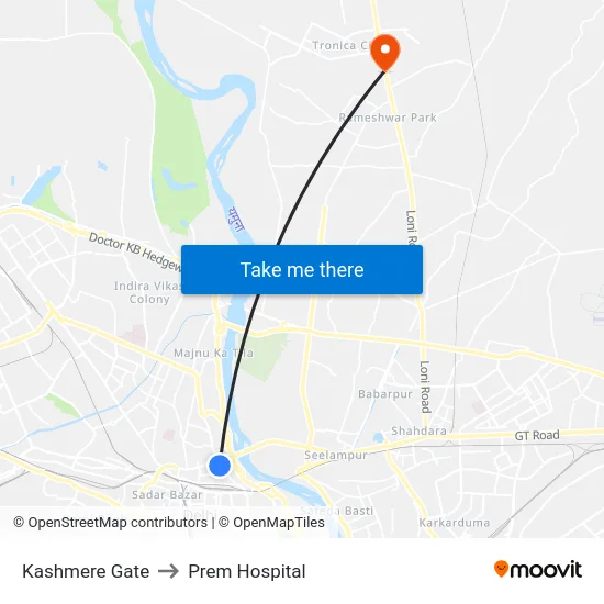Kashmere Gate to Prem Hospital map