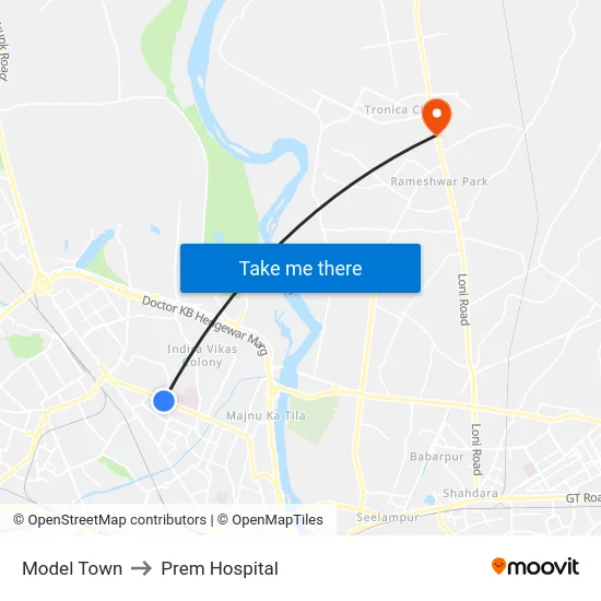 Model Town to Prem Hospital map