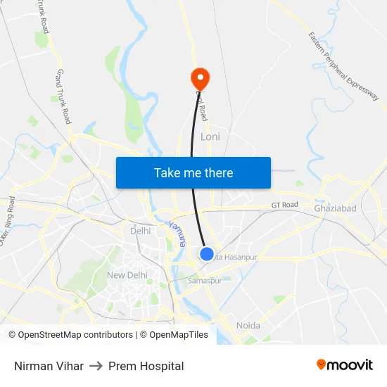 Nirman Vihar to Prem Hospital map