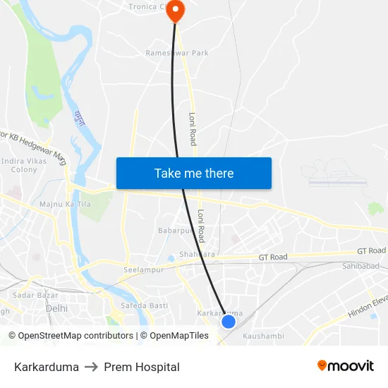 Karkarduma to Prem Hospital map