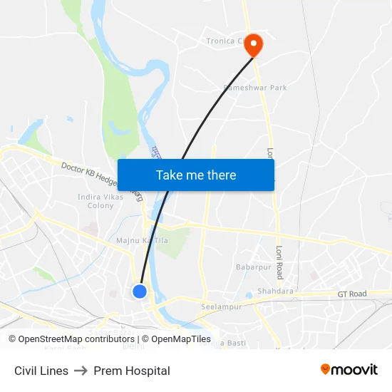Civil Lines to Prem Hospital map