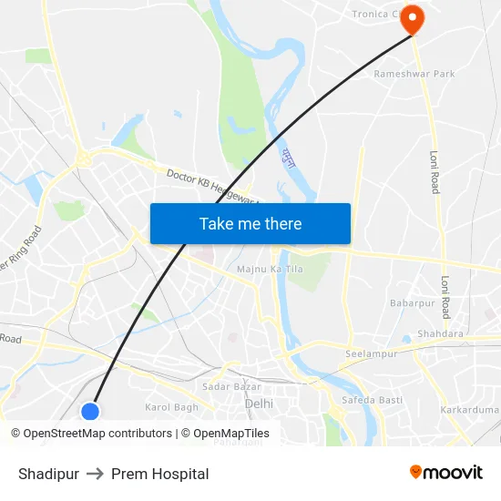 Shadipur to Prem Hospital map