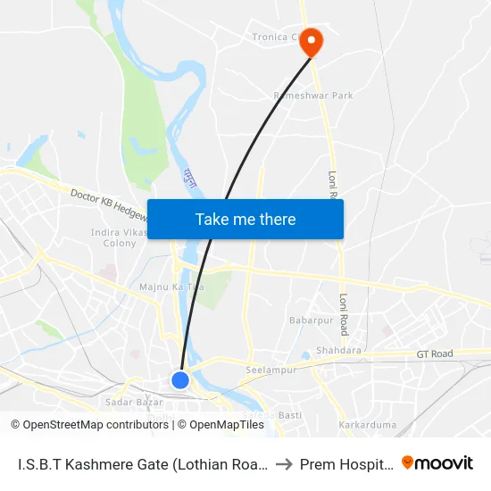 I.S.B.T Kashmere Gate (Lothian Road) to Prem Hospital map