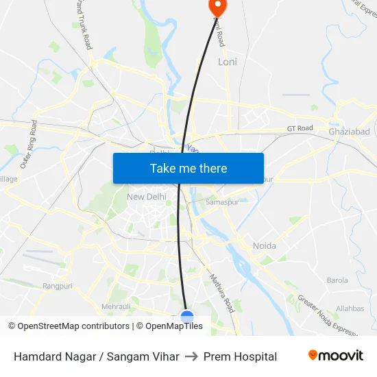 Hamdard Nagar / Sangam Vihar to Prem Hospital map