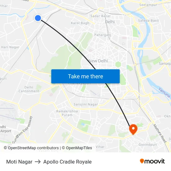 Moti Nagar to Apollo Cradle Royale map