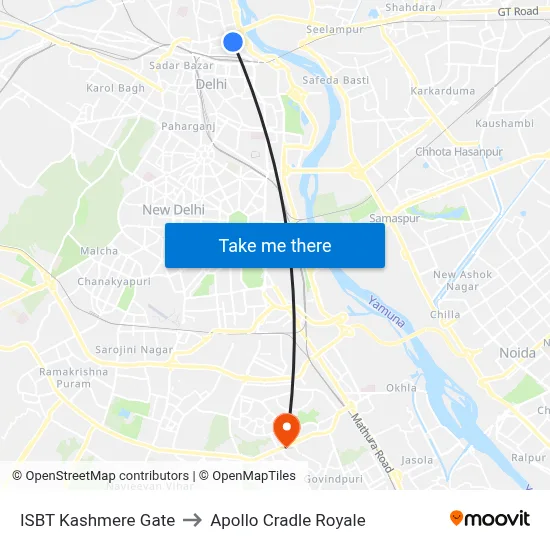 ISBT Kashmere Gate to Apollo Cradle Royale map