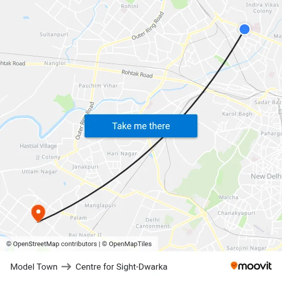 Model Town to Centre for Sight-Dwarka map