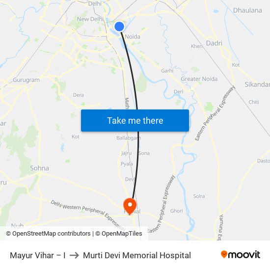 Mayur Vihar – I to Murti Devi Memorial Hospital map