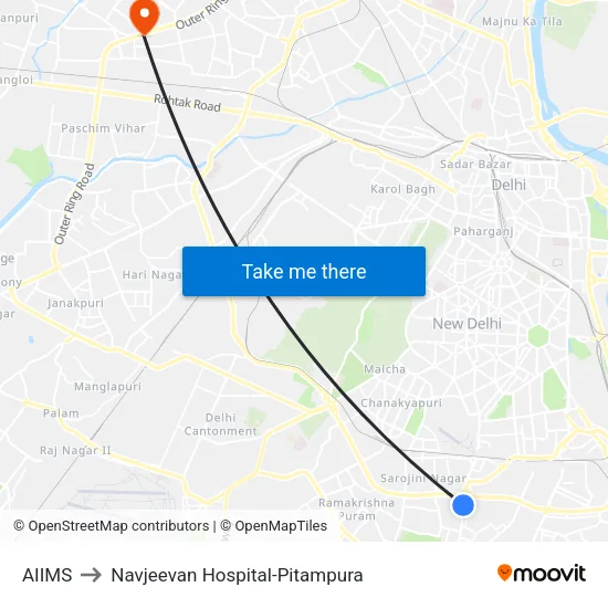 AIIMS to Navjeevan Hospital-Pitampura map