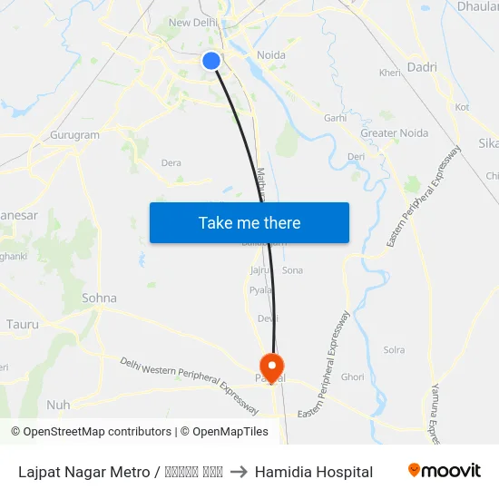 Lajpat Nagar Metro / लाजपत नगर to Hamidia Hospital map