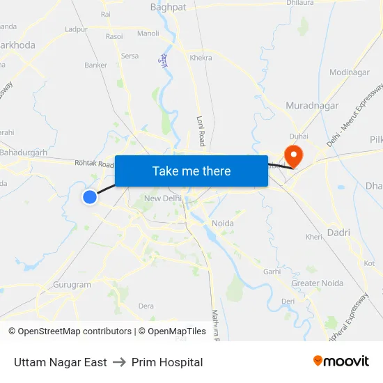 Uttam Nagar East to Prim Hospital map
