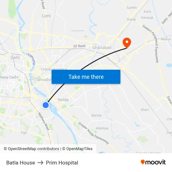 बटला हाउस to प्रिम अस्पताल map