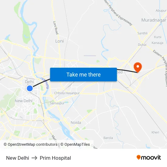 New Delhi to Prim Hospital map