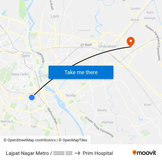 लाजपत नगर मेट्रो to प्रिम अस्पताल map