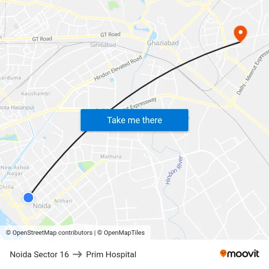 Noida Sector 16 to Prim Hospital map