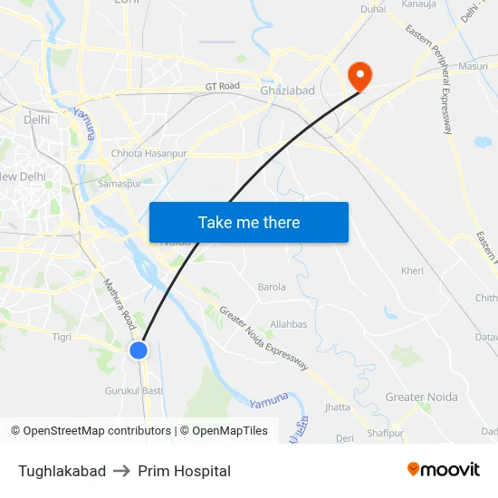 तुगलकाबाद to प्रिम अस्पताल map