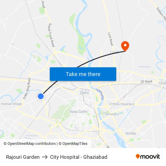 Rajouri Garden to City Hospital - Ghaziabad map