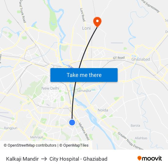 Kalkaji Mandir to City Hospital - Ghaziabad map