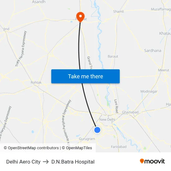 Delhi Aero City to D.N.Batra Hospital map