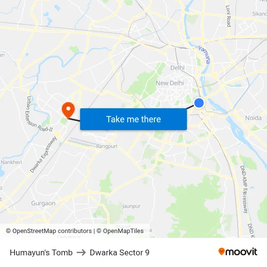 Humayun's Tomb to Dwarka Sector 9 map