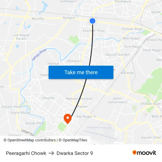 Peeragarhi Chowk to Dwarka Sector 9 map