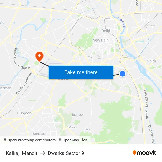 Kalkaji Mandir to Dwarka Sector 9 map