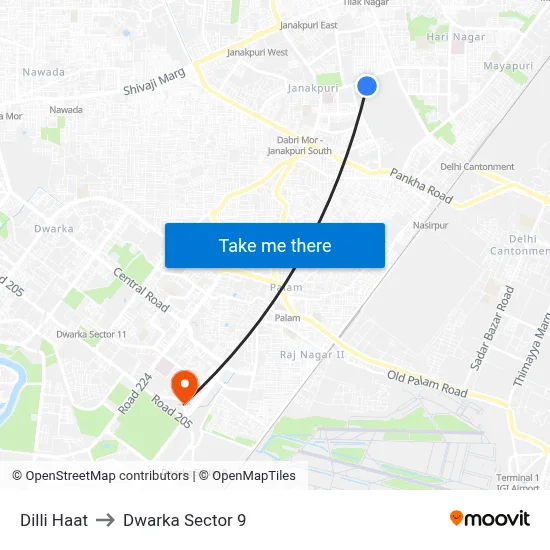 Dilli Haat to Dwarka Sector 9 map