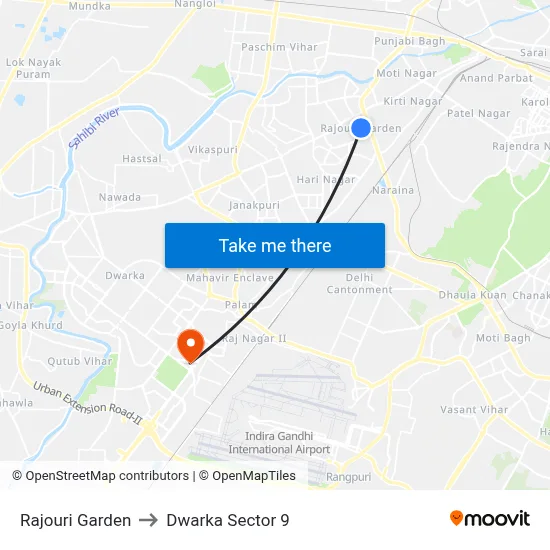 Rajouri Garden to Dwarka Sector 9 map