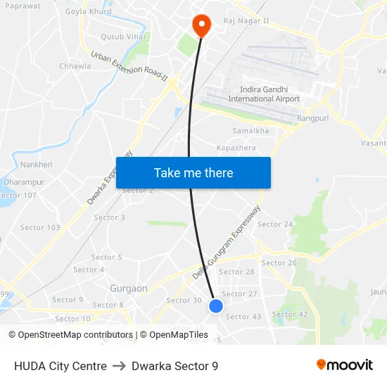 HUDA City Centre to Dwarka Sector 9 map