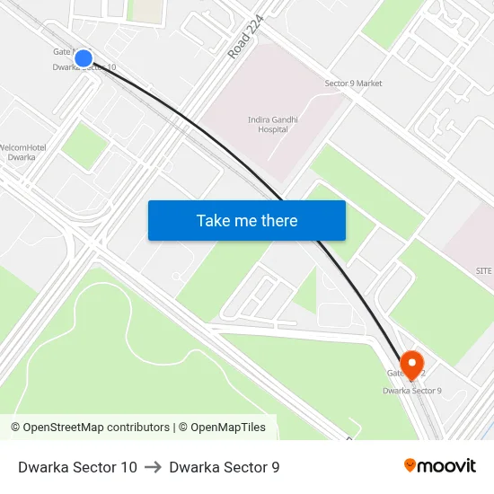 Dwarka Sector 10 to Dwarka Sector 9 map