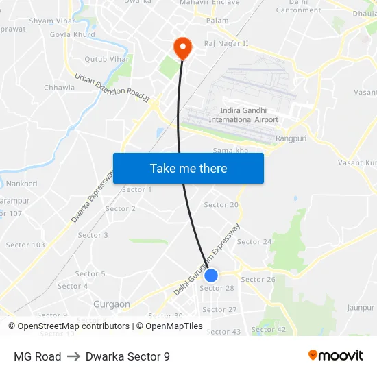 MG Road to Dwarka Sector 9 map