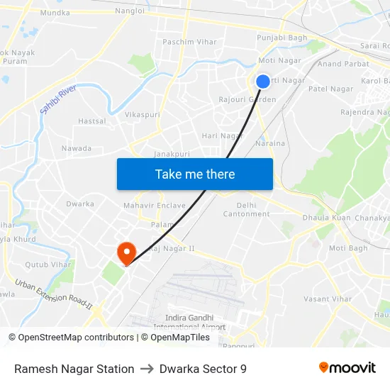 Ramesh Nagar Station to Dwarka Sector 9 map