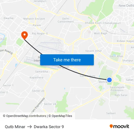 Qutb Minar to Dwarka Sector 9 map