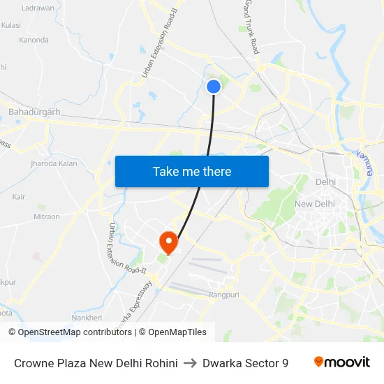 Crowne Plaza New Delhi Rohini to Dwarka Sector 9 map