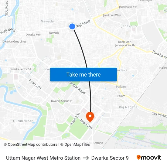 Uttam Nagar West Metro Station to Dwarka Sector 9 map